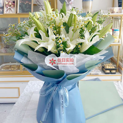 鞍山8支白色多头百合洋甘菊，互倾的思念